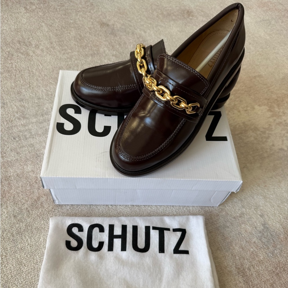 Schutz Dannie Leather Chain Loafers Dark Brown Size 8.5 Box & Dust Bag